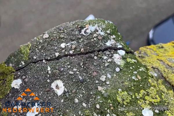 Beschadigde en verweerde nokvorst met scheuren en mos in Nederweert
