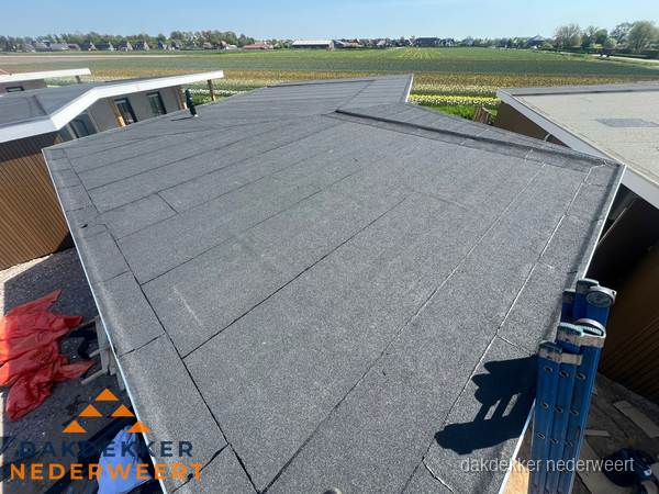 Nieuw bitumen plat dak met uitzicht over landschap in Nederweert