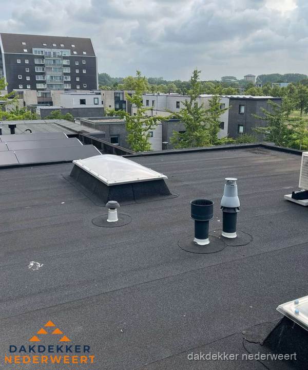Groot plat dak met lichtkoepel en dakdoorvoeren in Nederweert