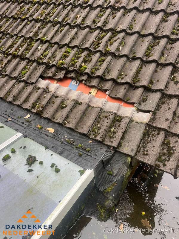 Beschadigd pannendak met ontbrekende dakpannen voor reparatie in Nederweert