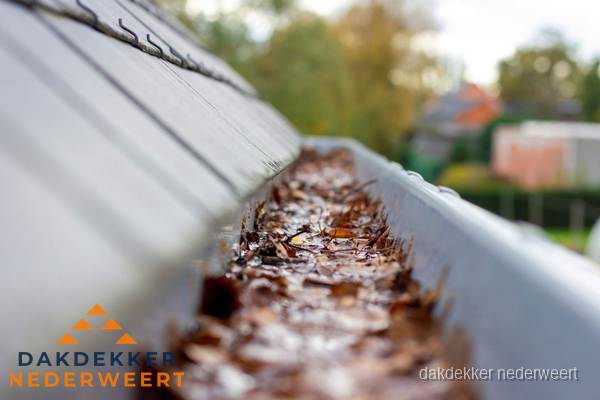 Verstopte dakgoot met bladeren schoonmaken in Nederweert